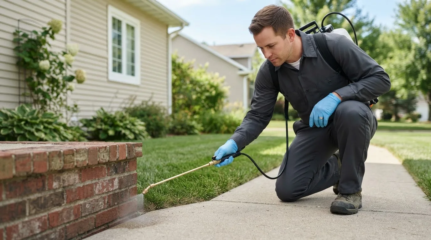 Pest control technician treating a home near Havana, IL